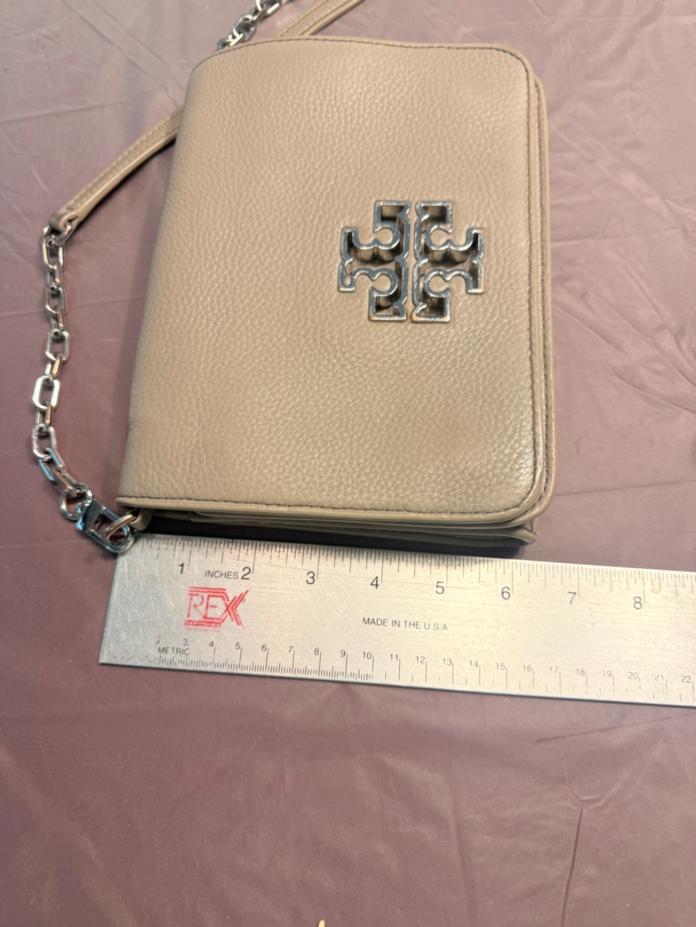 Tory Burch Britten French Gray Leather Silver Crossbody Purse Handbag - Picture 11 of 14
